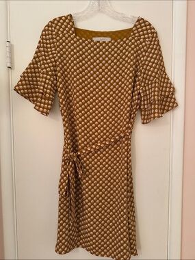 LOFT Mustard Polka Dot Wrap Tie Dress